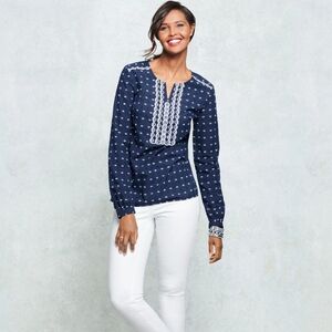 Talbots NWT Large Navy & White Embroidered Long Sleeve Blouse